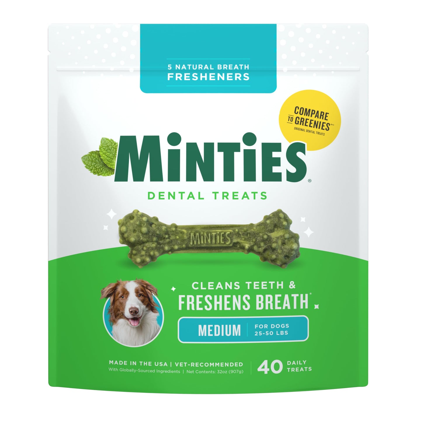 HOTMinties Dental Chews for Dogs, 36 Count, Vet-Recommended Mint-Flavored Treats for Large Dogs Over 50 lbs, Dental Bones Clean Teeth, Fight Bad Breath, and Removes Plaque and Tartar