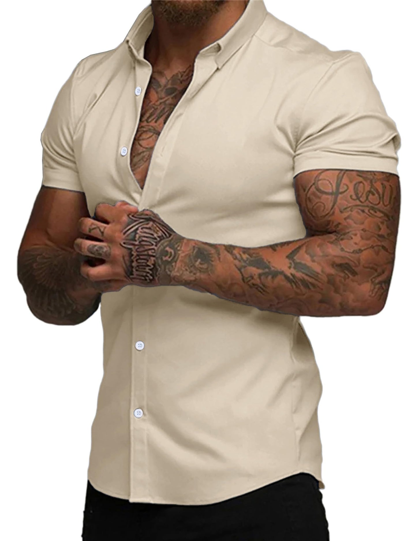 HOTJMIERR Men's Muscle Fit High Stretch Wrinkle-Free Button Down Dress Shirts Summer Casual Short Sleeve Shirt