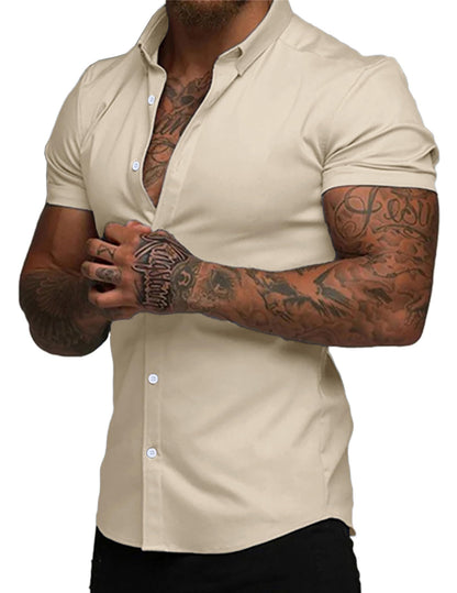 HOTJMIERR Men's Muscle Fit High Stretch Wrinkle-Free Button Down Dress Shirts Summer Casual Short Sleeve Shirt