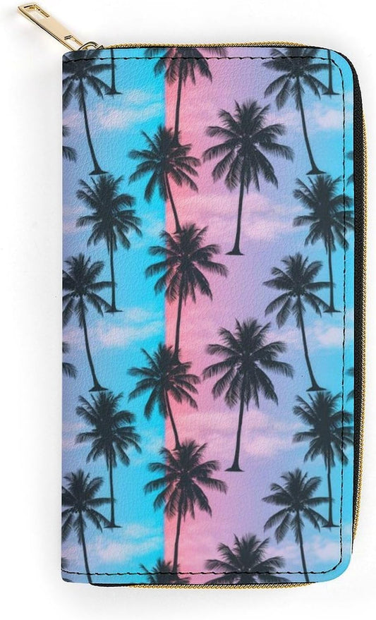 HOTUnisex Large Capacity Leather Wallet Purple Sky Palm Trees, Secure Lightweight Printed Design, Portable Purse for Daily Use & Outdoor Activities
