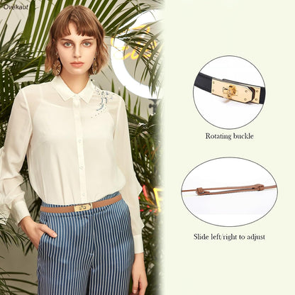 HOTOvekaut Women Skinny Leather Belt Solid Color Alloy Turn Lock Adjustable Waistband for Dresses Jeans Coats