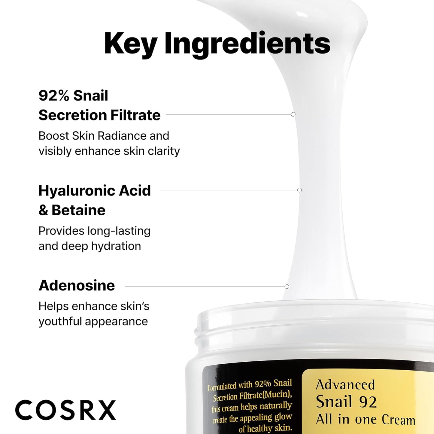 HOTCOSRX Snail Mucin 92% Face Moisturizer, 3.52 Oz, Lightweight Moisturing Cream for Soft, Glowy Skin, Korean Skin Care, Korean Moisturizer Face Cream