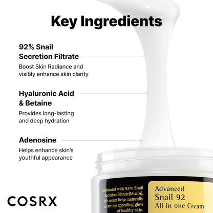 HOTCOSRX Snail Mucin 92% Face Moisturizer, 3.52 Oz, Lightweight Moisturing Cream for Soft, Glowy Skin, Korean Skin Care, Korean Moisturizer Face Cream