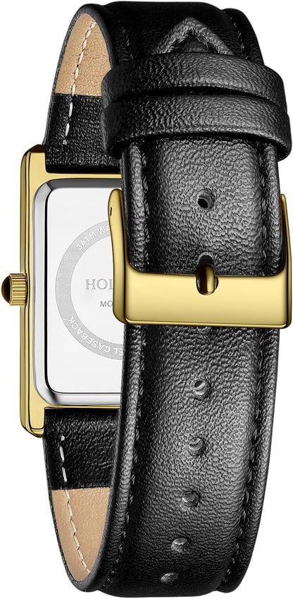HOTHOLSTOUR Watches for Men Business Simple Model Rectangle Roman Numerals Case Water Resistant with Leather Strap
