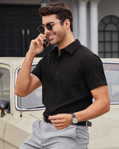 HOTAlimens & Gentle Mens Short Sleeve Dress Shirts Wrinkle Free Solid Casual Button Down Shirts with Pocket
