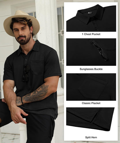 HOTSCODI 5 Pack Mens Pocket Polo Shirts Short Sleeve Multipack Golf Shirt for Men Moisture Wicking Casual Athletic Work T-Shirts