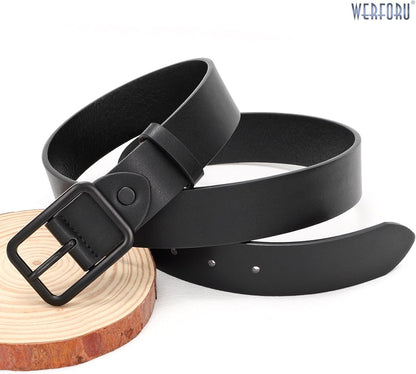 HOTWERFORU Women Classic Black Leather Belt With Square Silver Buckle For Jeans Pants,1.3" width