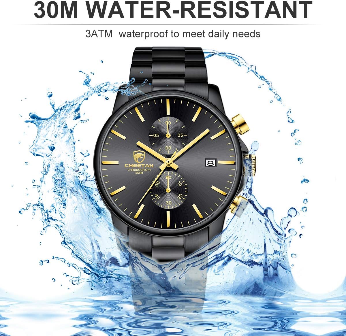 HOTGOLDEN HOUR Fashion Business Mens Watches with Stainless Steel Waterproof Chronograph Quartz Watch for Men, Auto Date