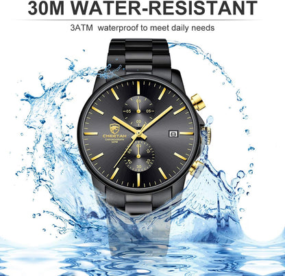 HOTGOLDEN HOUR Fashion Business Mens Watches with Stainless Steel Waterproof Chronograph Quartz Watch for Men, Auto Date