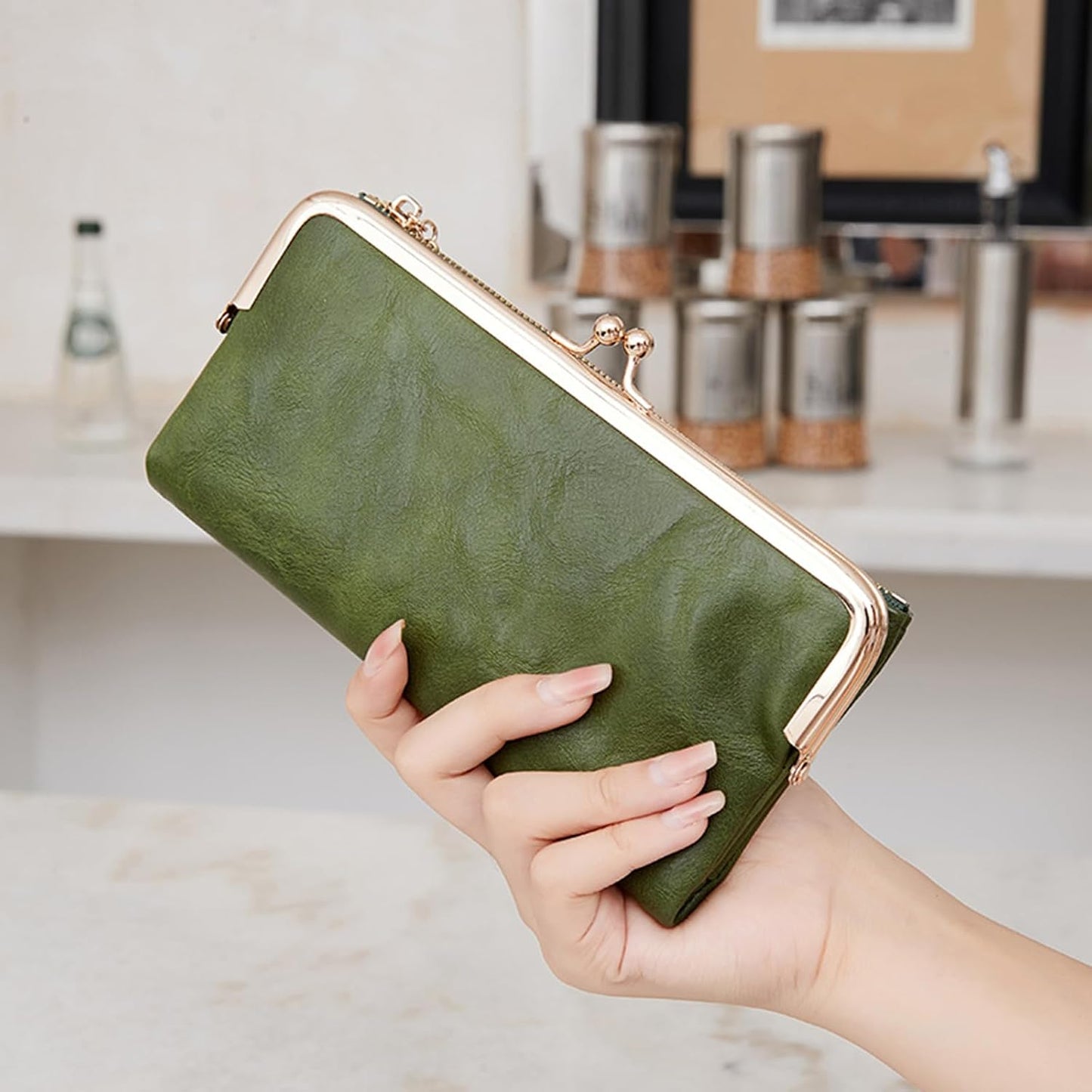 HOTVintage Wallets for Women Large Bifold Kiss Lock Wallet for Women Leather Zip Clutch Coin Purse