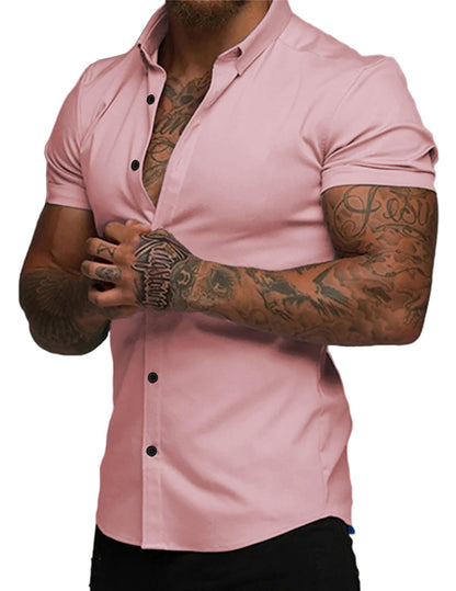 HOTJMIERR Men's Muscle Fit High Stretch Wrinkle-Free Button Down Dress Shirts Summer Casual Short Sleeve Shirt