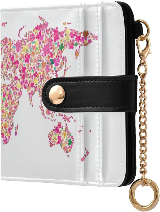 HOTWomen Wallet RFID Blocking World Map Pink Floral Small PU Leather Ladies Compact Wallets for Females Bifold Card Holder with ID Window for Credit Card, Cash, Travel