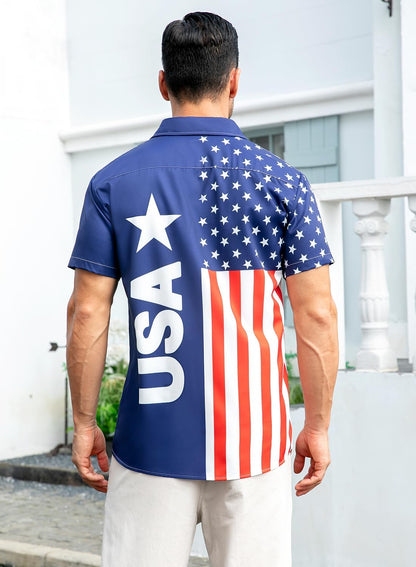 HOTuideazone Mens 4th of July American Flag Patriotic Shirt M-XXL | USA Short Sleeve Button Up Shirt for Independence Day, Memorial Days, Flag Day, 4th of July Parties, Beach Trips and Daily