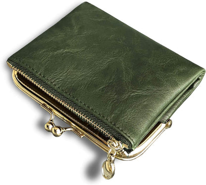 HOTAOXONEL Womens Wallet Small Rfid Ladies Compact Bifold Leather Vintage Coin Purse With Zipper and Kiss Lock