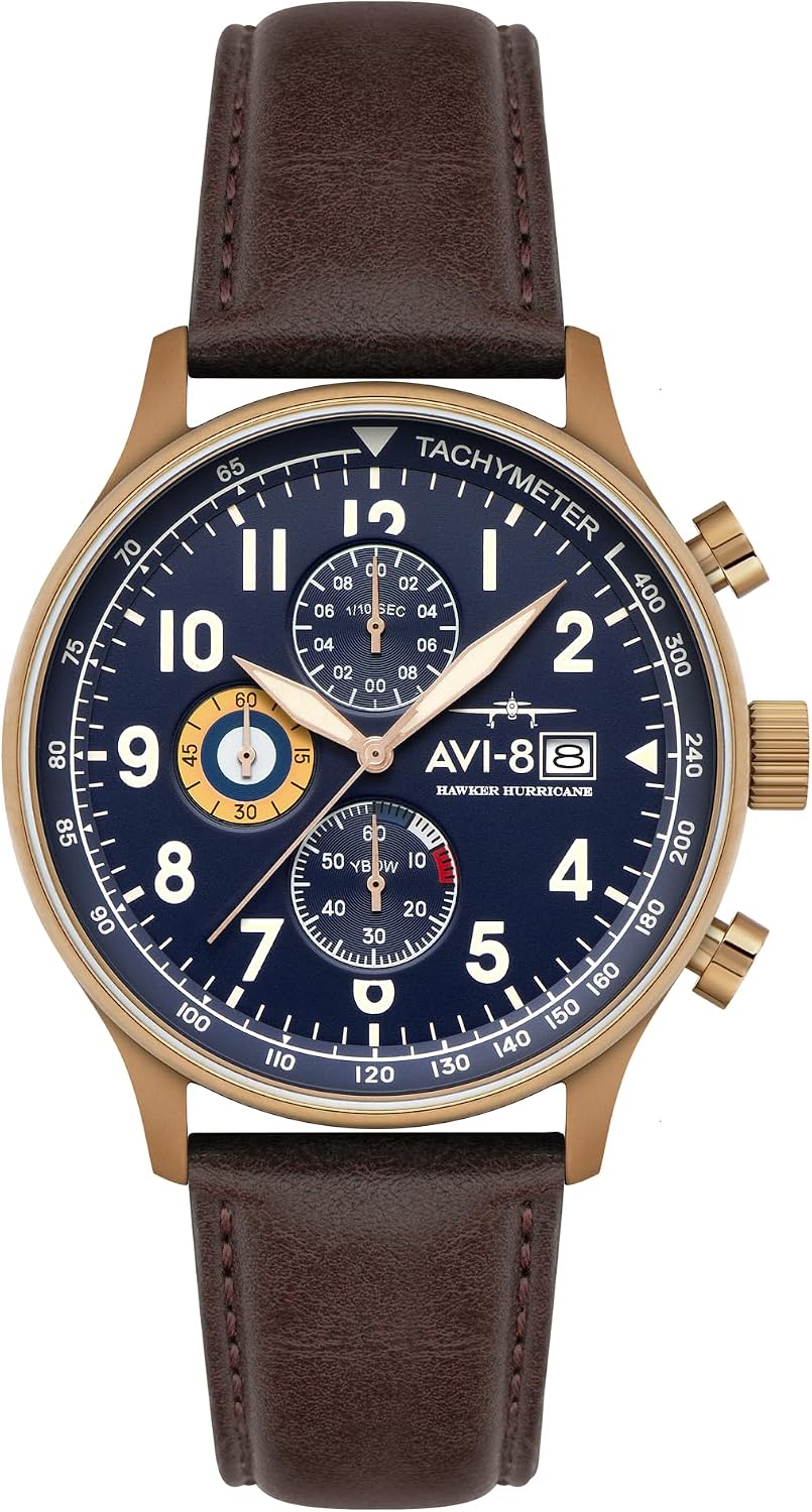 HOTAVI-8 Hawker Hurricane Men's Pilot Watch – Classic Chronograph, Japanese Quartz Movement, Stainless Steel Case, Leather Strap, AV-4011