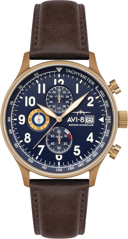 HOTAVI-8 Hawker Hurricane Men's Pilot Watch – Classic Chronograph, Japanese Quartz Movement, Stainless Steel Case, Leather Strap, AV-4011