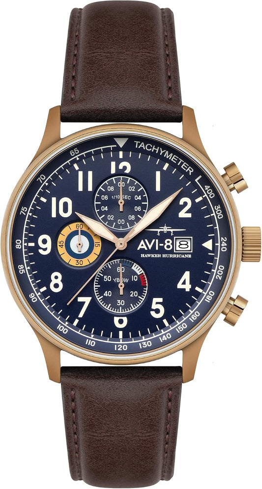 HOTAVI-8 Hawker Hurricane Men's Pilot Watch – Classic Chronograph, Japanese Quartz Movement, Stainless Steel Case, Leather Strap, AV-4011