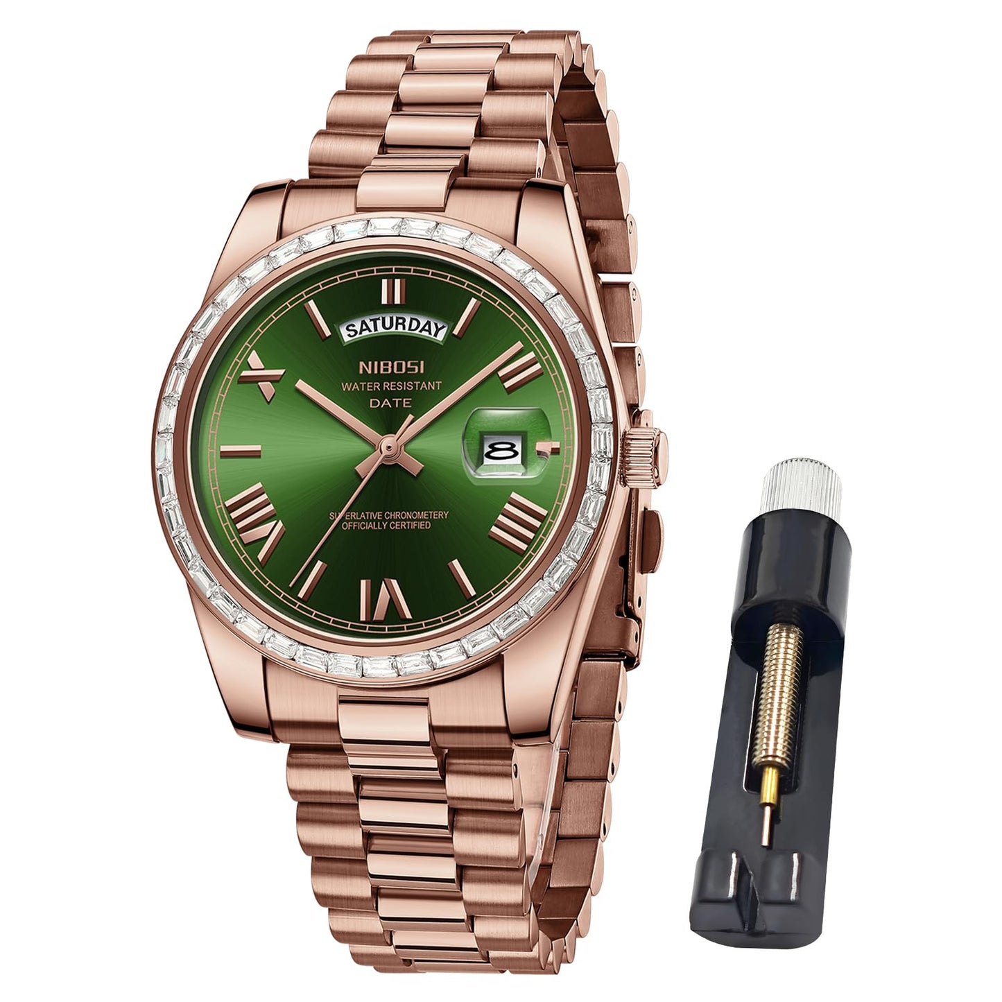 HOTNIBOSI Men's Watches Analog Quartz Diamond Bezel Stainless Steel Dial Rose Gold Silver Watches for Men Waterproof Business Classic Dress Wrist Watch with Day Date