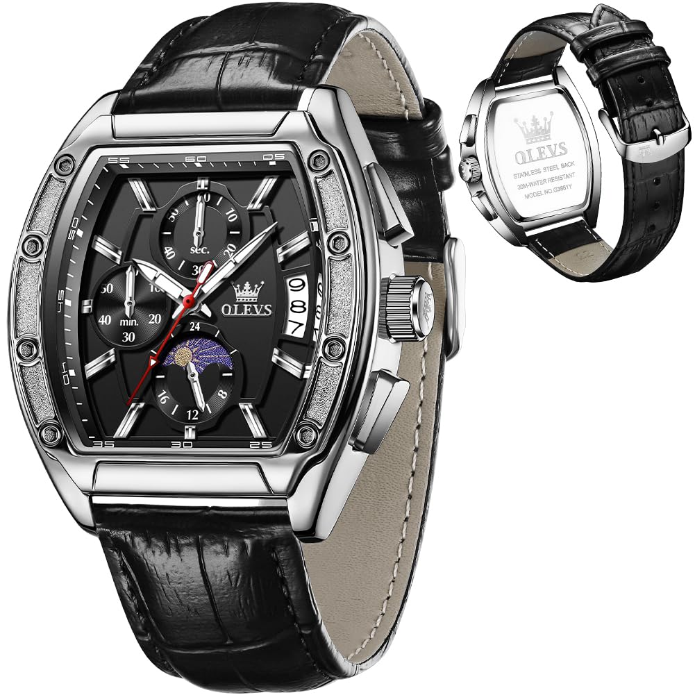 HOTOLEVS Mens Watches Analog Quartz Chronograph Square Dress Watch for Man Stainless Steel or Leather Band Waterproof Luminous Date Male Watch