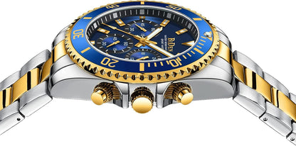 HOTBIDEN Mens Watches Chronograph Gold Blue Stainless Steel Waterproof Date Analog Quartz Watch Business Casual Fashion Wrist Watches for Men