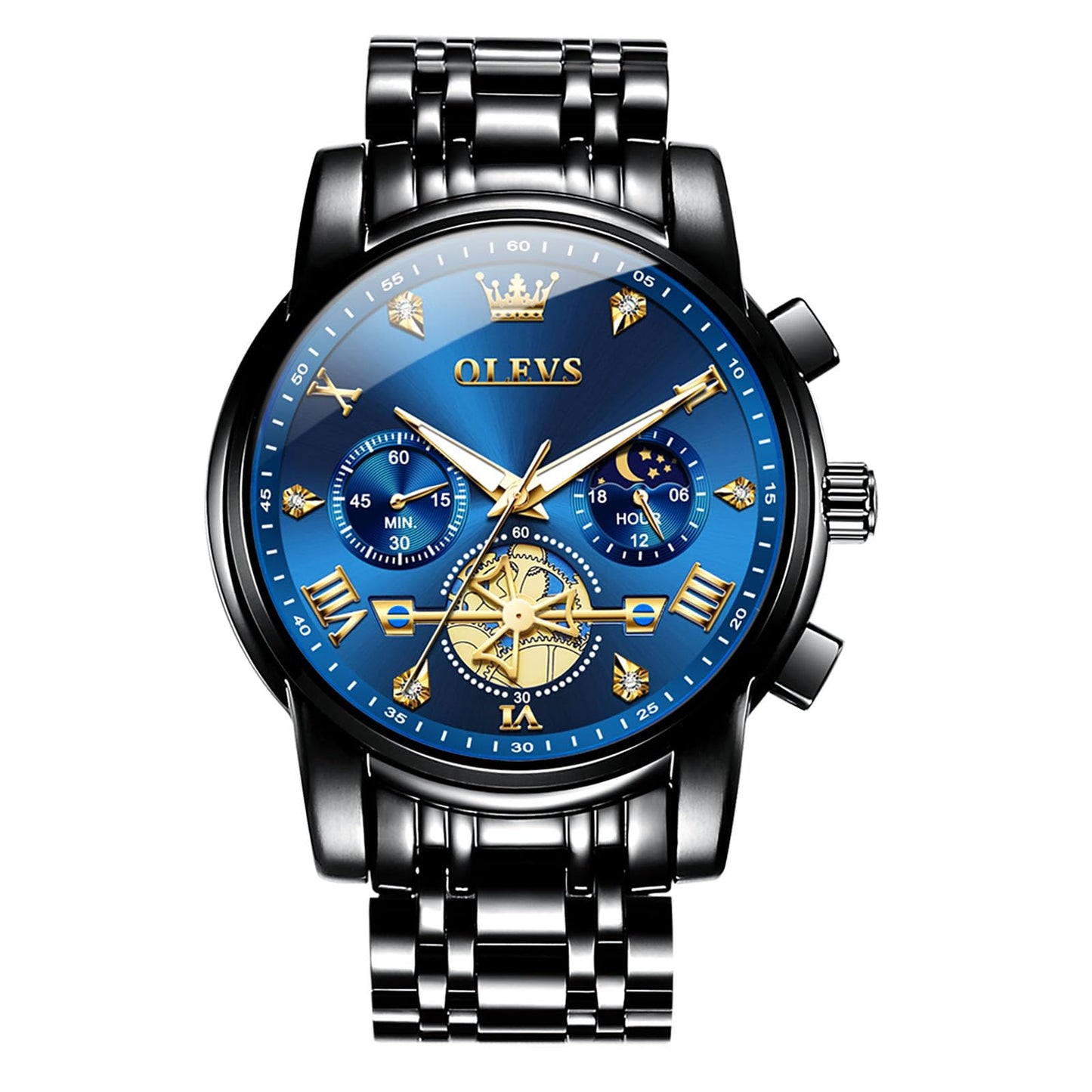 HOTOLEVS Men Watches Stainless Steel Chronograph Watch, Large Wrist Analog Quartz Watch, Fashion Waterproof Diamond Roman Numerals Dress Watches for Men, Gold/Black/White/Blue/Grey Dial