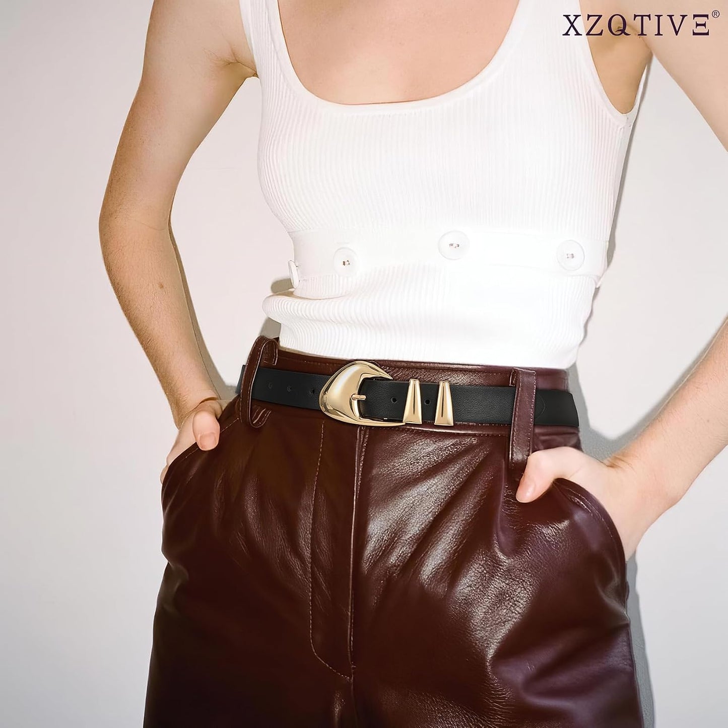 HOTXZQTIVE Women's Leather Belts for Jeans Dress Pants Black Brown Belts for Women Ladies Waist Belts with Gold Buckle