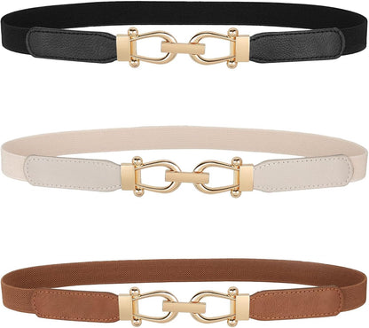 HOTJASGOOD Women Skinny Elastic Belt for Dresses,Thin Retro Stretch Waist Belt with Golden Buckle