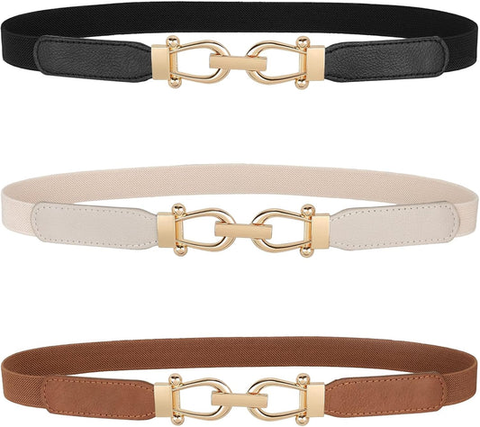 HOTJASGOOD Women Skinny Elastic Belt for Dresses,Thin Retro Stretch Waist Belt with Golden Buckle
