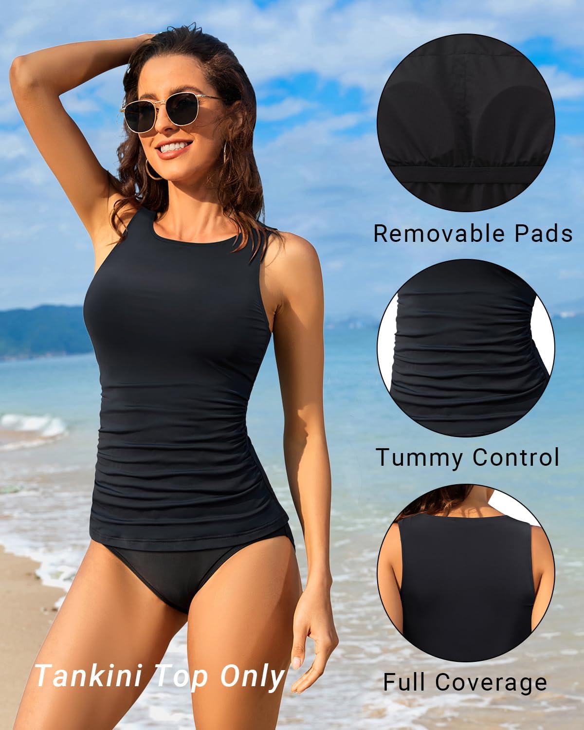 HOTDaci Tankini Tops for Women Tummy Control Swim Top Only | High Neck, Ruched Front, Full Coverage, Removable Pads, No Bottom, Soft Stretch Fabric, Fully Lined, Beach and Water Sports