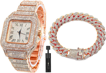 HOTApzzic Diamond Iced Out Watch CZ Gold Plated 40mm Width Roman Numerals Dial Quartz Wristband Watch for Men Women