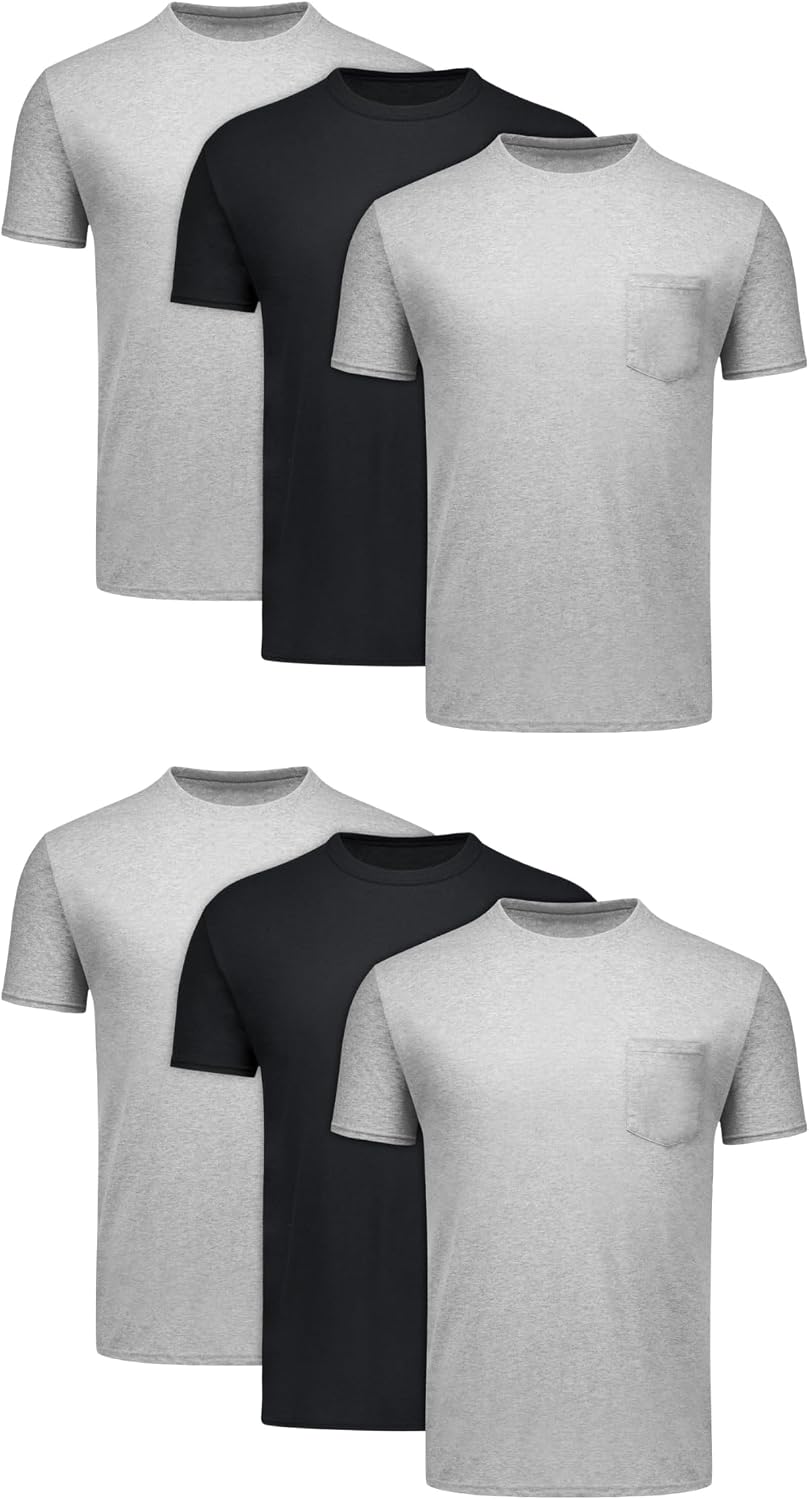 HOTHanes Men's Pocket T-Shirt Pack, 6-Pack, Cool & Breathable Cotton Tees, Stay-Tucked Undershirts for Men