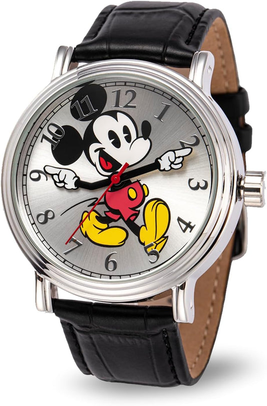 HOTFull Color Mickey Mouse Head Silhouette Watch for Men \u2013 Iconic Mickey Mouse Watches for Men \u2013 Stylish Watch \u2013 Classic Watches with Silver Dial &amp; Black Leather Bracelet
