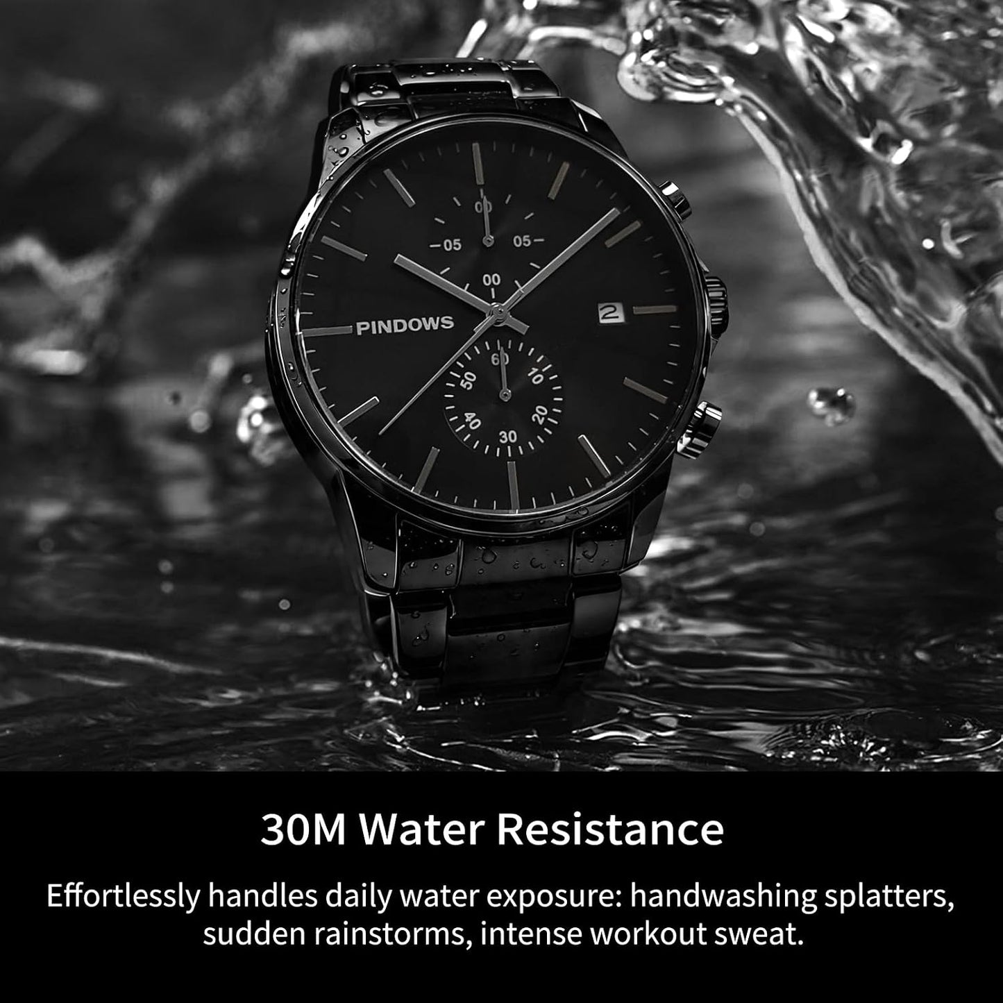 HOTPINDOWS Men's Black Minimalist Watch Stainless Steel Chronograph, Date | 3ATM water resistant; Adjustable metal bracelet with sizing tool; Perfect for business & casual wear; Clear calendar