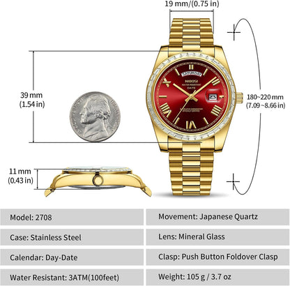HOTNIBOSI Men's Watches Analog Quartz Diamond Bezel Stainless Steel Dial Rose Gold Silver Watches for Men Waterproof Business Classic Dress Wrist Watch with Day Date