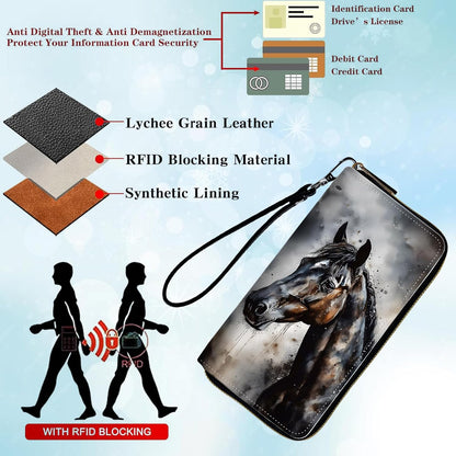 HOTWomens Wallet, PU Leather RFID Cute Wristlet Wallets for Girls Women Ladies Purse Large Credit Card Clutch Purse Card Holder Coin Pocket Travel Wallets with Zipper, Watercolor Horse