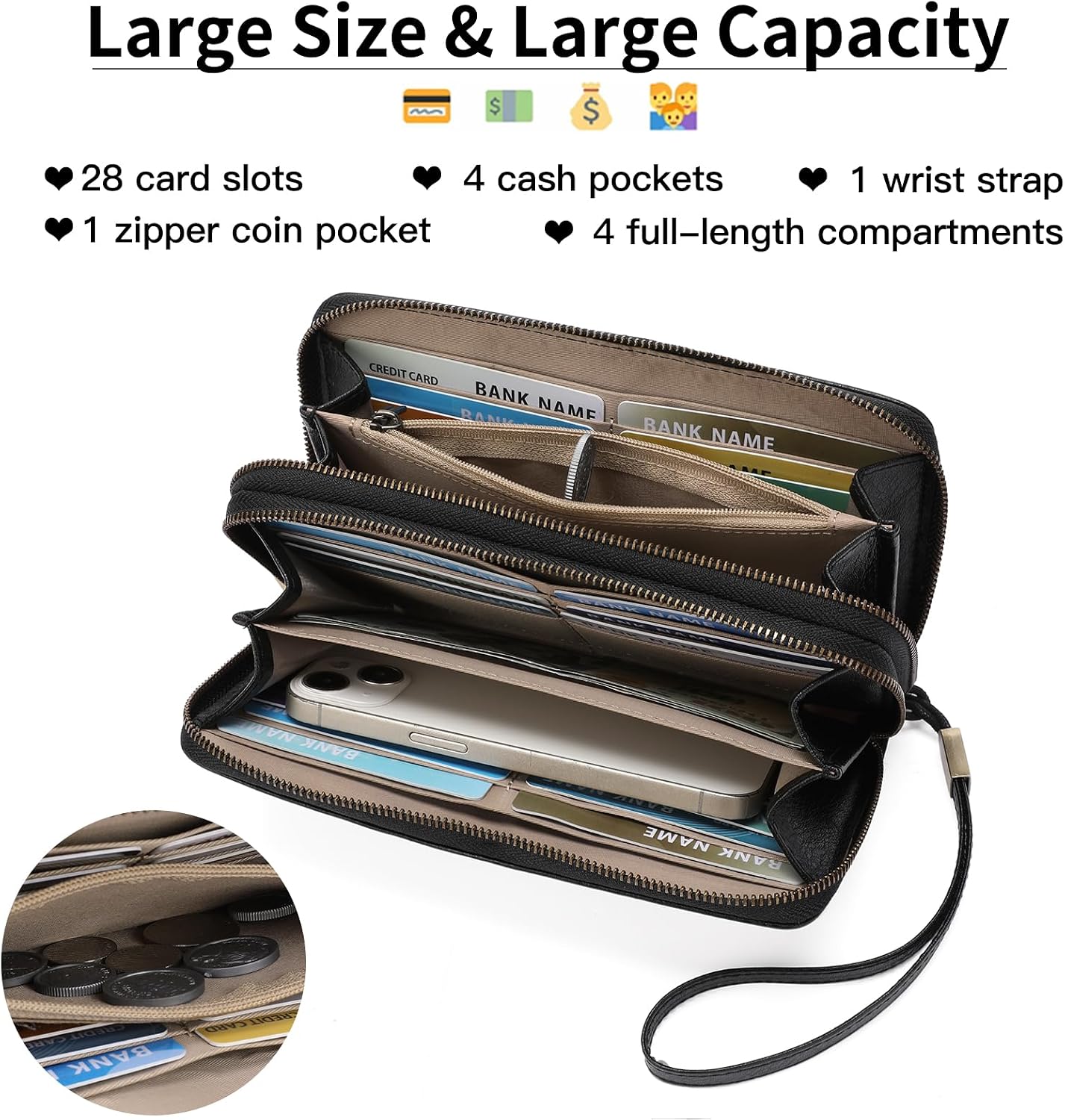 HOTFALAN MULE Wallet for Women RFID Blocking Leather Large Capacity Zip Around Ladies Card Holdr Phone Purse Wristlet