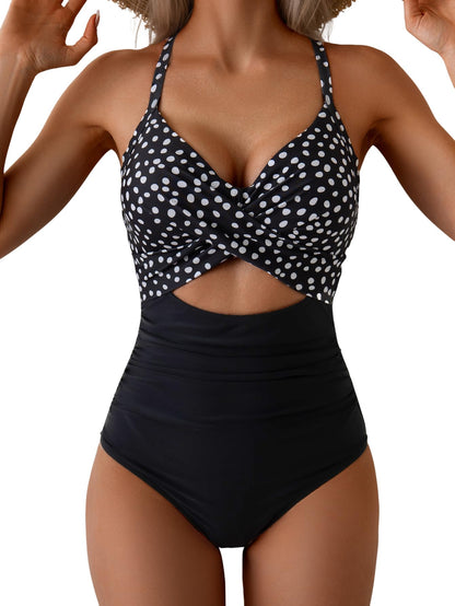 HOTEomenie Women's Tummy Control One Piece Swimsuit Cutout Bathing Suit | High Waisted,Tie Back,Wrap Front,Adjustable Straps,Soft Removable Cups,Slimming,Monokini for Beach Vacation,Pool Side