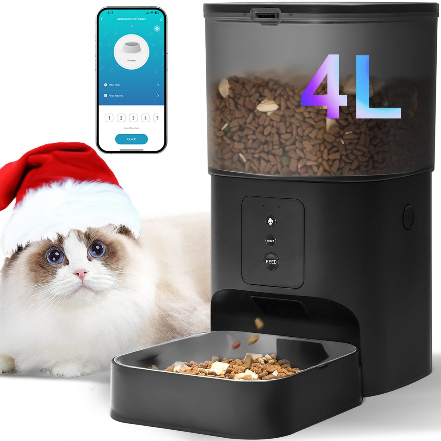 HOTANDOLL HOME Automatic Cat Feeder, 4L Cat Food Dispenser with 10s Voice Recorder, Pet Feeder up to 8 Meals per Day, Timed Dog Feeder with Dry Food Sealed Ring