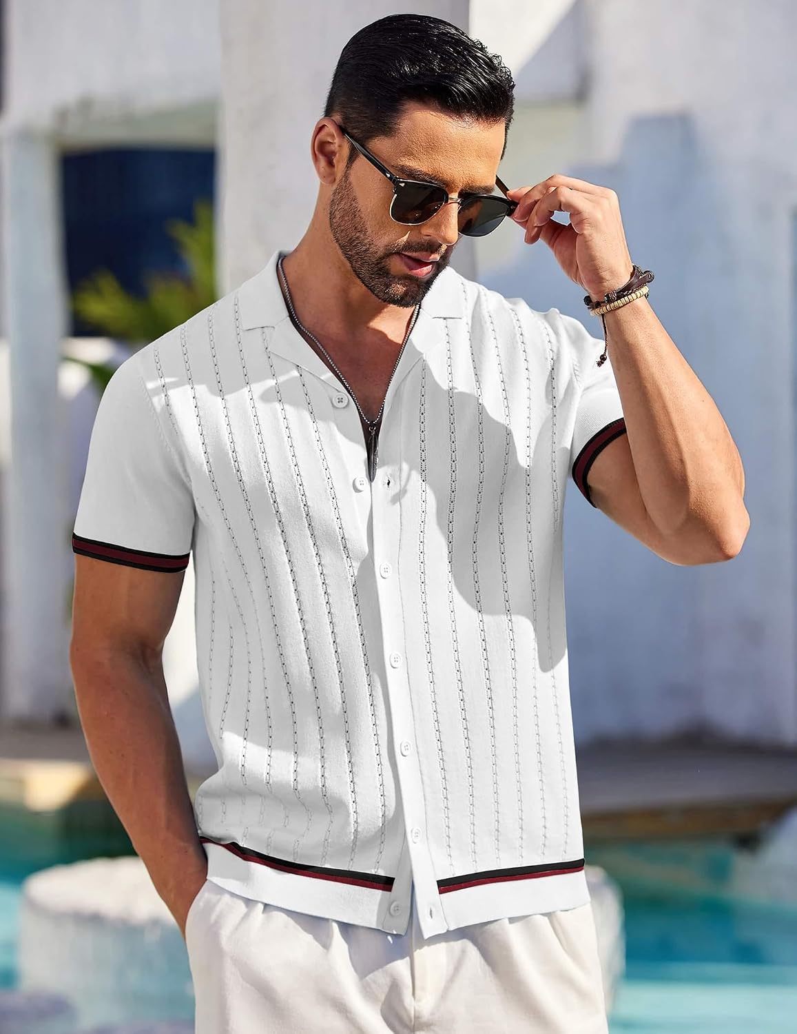 HOTCOOFANDY Men's Short Sleeve Knit Shirt Casual Button Down Shirt Vintage Striped Knitted Golf Beach Tops