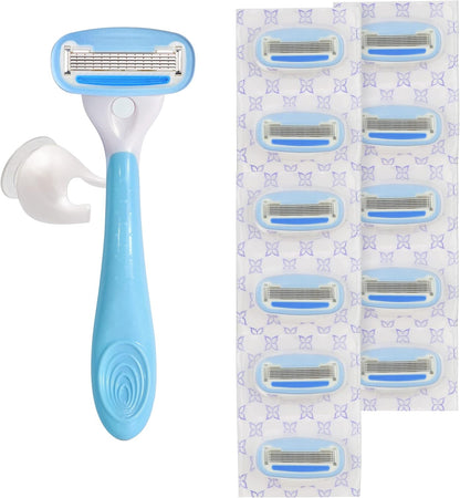 HOTAmazon Basics 5-Blade Razor Handle for Women, Includes 12 Cartridges and Shower Hanger, 14 Piece Set, Blue