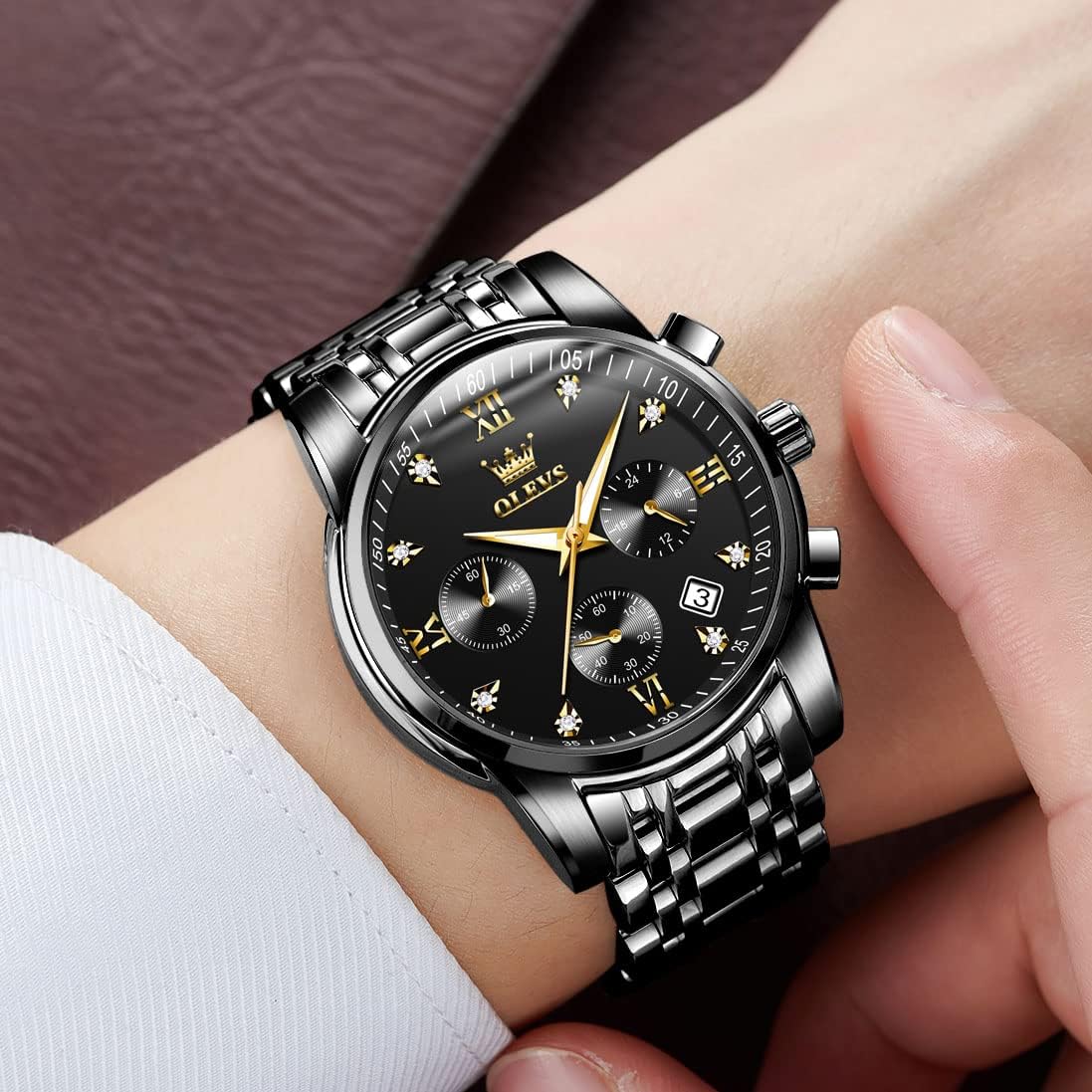 HOTOLEVS Men's Stainless Steel Chronograph Watch, Big Face Gold Silver Black Tone Easy to Read Analog Quartz Watch, Luxury Waterproof Date Diamond Roman Arabic Numerals Dial Dress Watch for Men