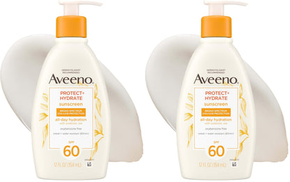HOTAveeno Protect + Hydrate Sunscreen Lotion for Body & Face with Prebiotic Oat, SPF 60 Broad Spectrum Sunscreen, Paraben, & Oil Free, Water & Sweat Resistant (80-min) for Sensitive Skin, 12 FI Oz