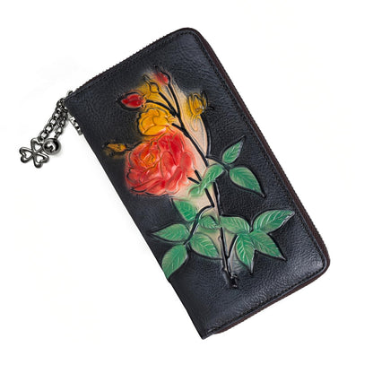 HOTWallet Genuine Leather for Women - with RFID Blocking Card checkbook ID Slot Large Capacity Vintage style (flower brown)