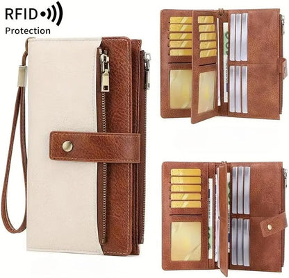HOTWomen's Long Wallet, Stylish Clutch, Elegant Solid Color RFID Blocking Wallet, Large Capacity Bifold Zipper Card Case Organizer with Wrist Strap, ID Window, Ladies Gift Woman (Brown)
