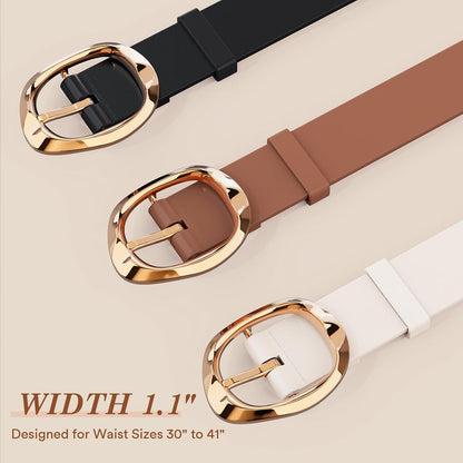 HOTAmyzavls 3 Pack Women's Belts for Jeans, Dresses, Pants, Leather Belt for Women with Fluid Liquid Shaped Gold Buckle, Black & Brown & Beige Trendy Fashion Belts for Ladies 43 inch