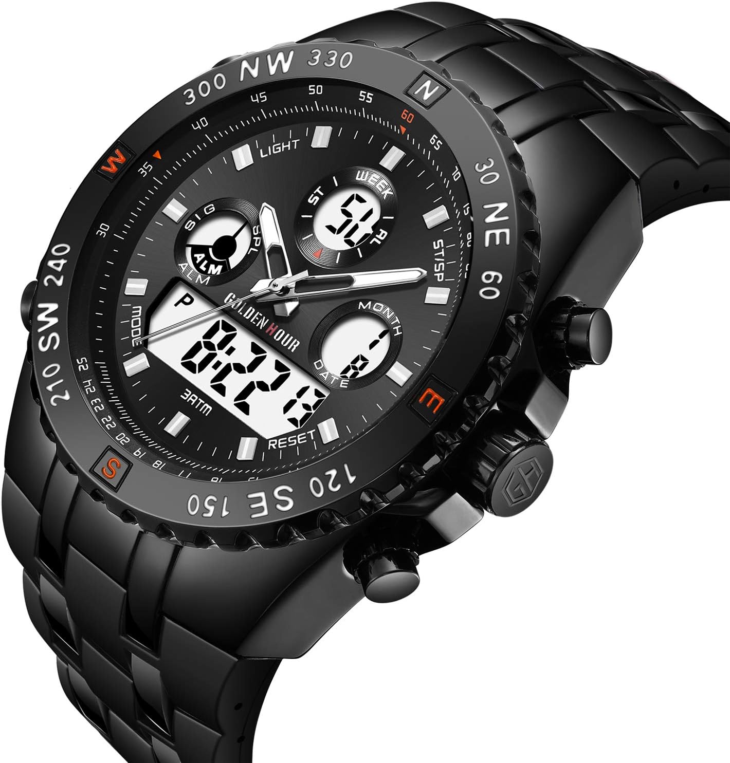 HOTGOLDEN HOUR Luxury Military Sports Men's Watches Large Size Big Face 3ATM Waterproof, Stopwatch, Date and Date, Alarm, Luminous Digital Analog Wrist Watch with Rubber Band