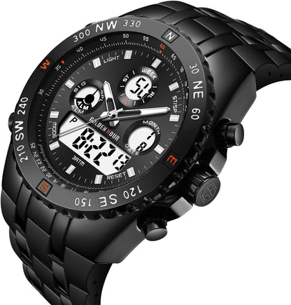 HOTGOLDEN HOUR Luxury Military Sports Men's Watches Large Size Big Face 3ATM Waterproof, Stopwatch, Date and Date, Alarm, Luminous Digital Analog Wrist Watch with Rubber Band