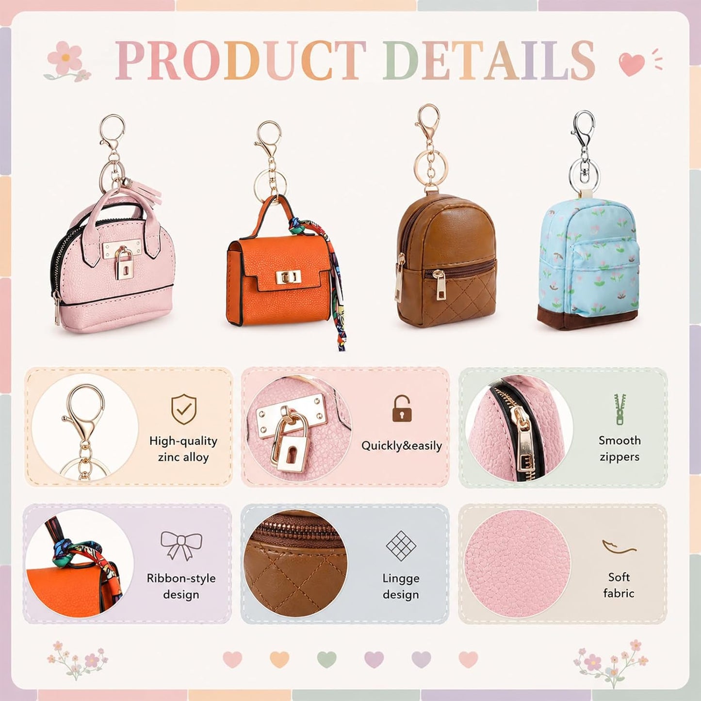 HOTHsei 12 Pcs Mini Backpack Keychain Small Coin Purses for Women Tiny Cute Makeup Bag with Keychain, Mini Pocket Tote Handbag Bag Charm Change Pouch Lipstick Card Holder Organizer Gift (Elegant)