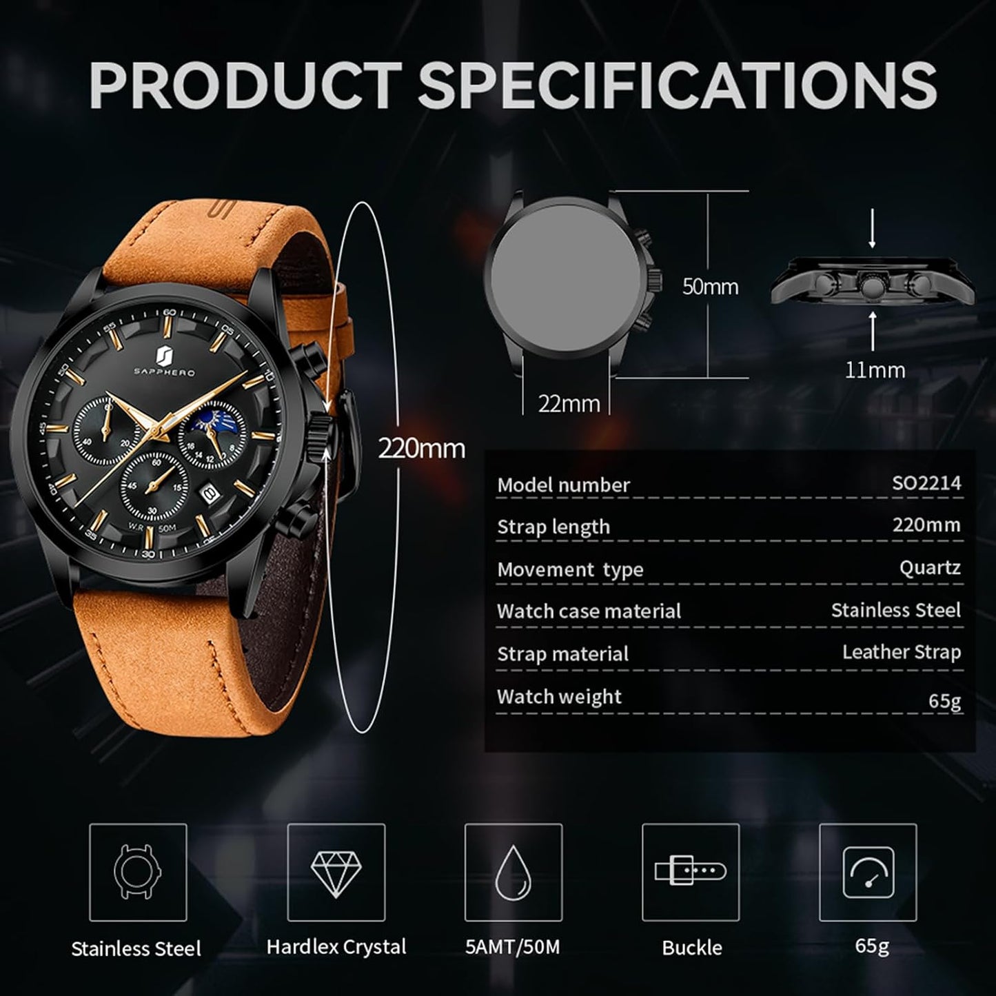 HOTSAPPHERO Chronograph Watches for Men, Original Business Casual Stainless Steel Analog Watch 50M Waterproof Luminous Watches with Date Dial, Mens Gift