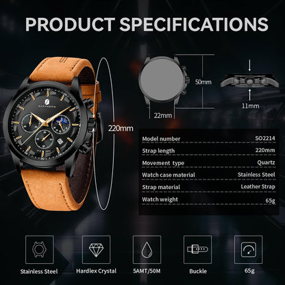 HOTSAPPHERO Chronograph Watches for Men, Original Business Casual Stainless Steel Analog Watch 50M Waterproof Luminous Watches with Date Dial, Mens Gift